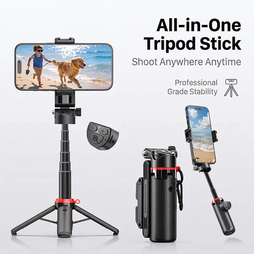 All-In-1 Folding Handheld Selfie Stick Telescopic Pole with Bluetooth Remote & Hook, Silicone-Stabilized Extendable Phone Tripod for Iphone/Android Smartphones, Box-Packaged Streaming Equipment, Portable Travel Accessory