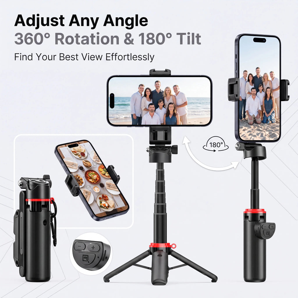 All-In-1 Folding Handheld Selfie Stick Telescopic Pole with Bluetooth Remote & Hook, Silicone-Stabilized Extendable Phone Tripod for Iphone/Android Smartphones, Box-Packaged Streaming Equipment, Portable Travel Accessory