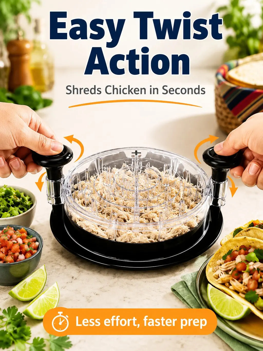 Chicken Shredder 8 Inches, Chicken Shredder Tool Twist for Pork Beef Chicken, Meat Shredder, Clear Lid, Ergonomic Handle, Strong Anti-Slip, BPA Free, Easy to Clean, Dishwasher Safe (Black)