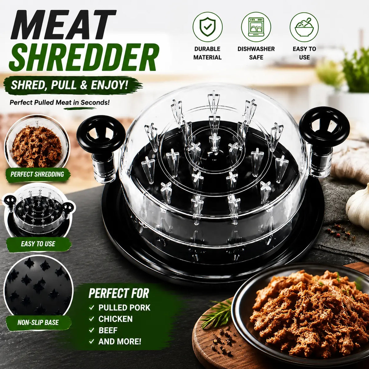 Chicken Shredder 8 Inches, Chicken Shredder Tool Twist for Pork Beef Chicken, Meat Shredder, Clear Lid, Ergonomic Handle, Strong Anti-Slip, BPA Free, Easy to Clean, Dishwasher Safe (Black)